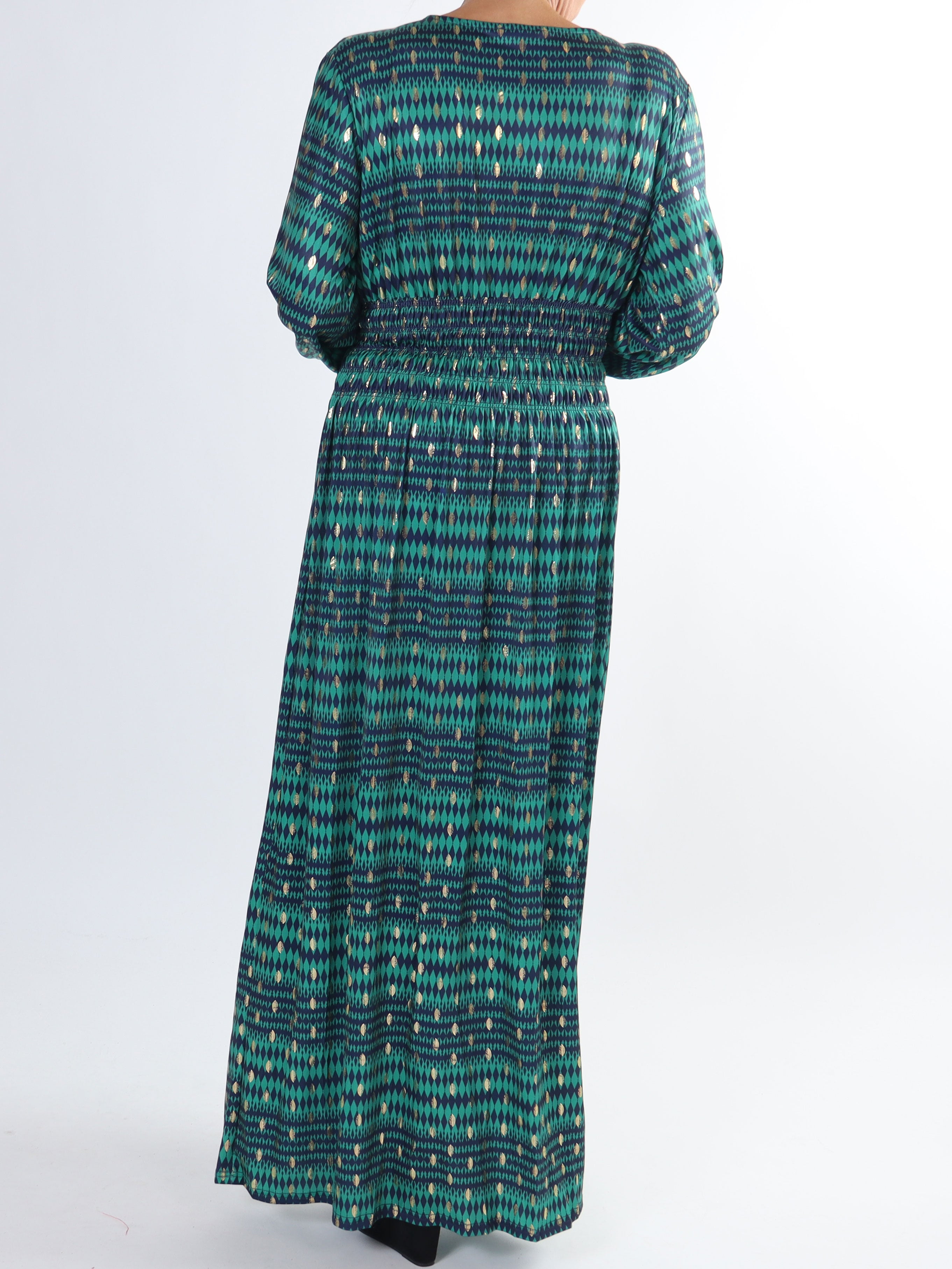 Pams Stripe L/S - Plus size mønstret kjole med gulddetaljer